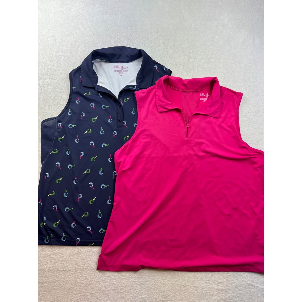 Lillie Green Womens Sleeveless Golf Polo Shirt 2 Pack Navy Pink Print 1X Plus